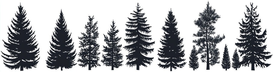 Fototapeta premium Silhouette Illustrations of Different Evergreen Trees in Black and White Generative AI