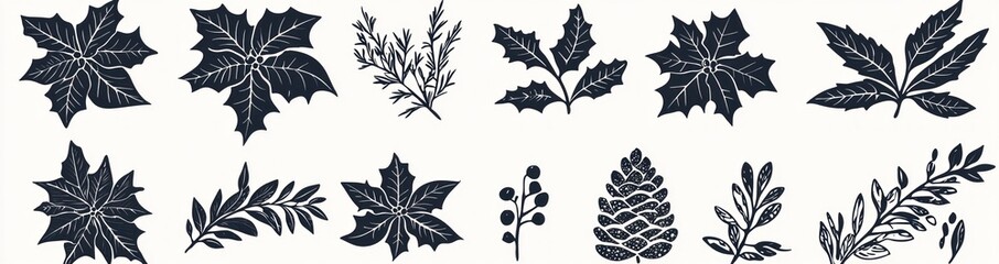 Stylized Black and White Silhouette Illustrations of Christmas Foliage Including Holly and Poinsettia Generative AI