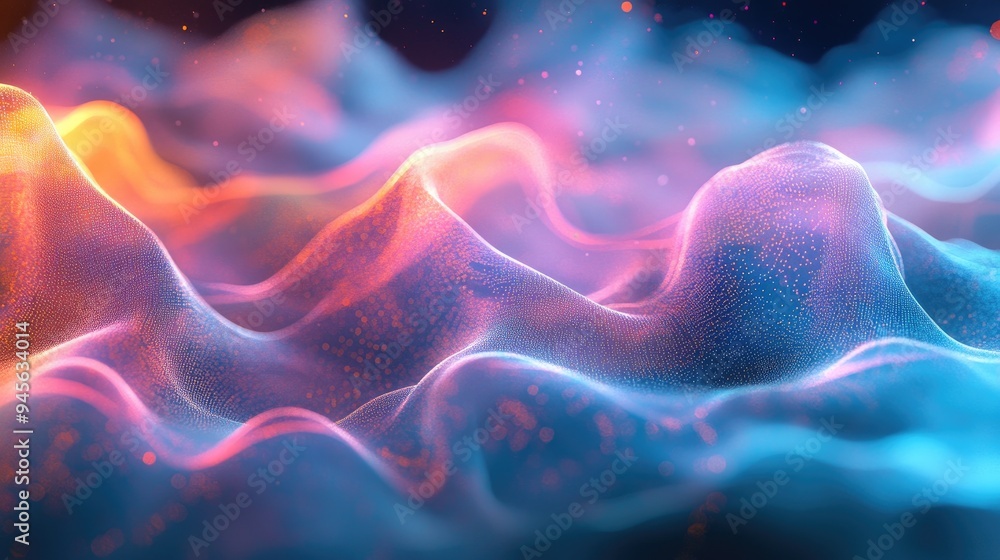 Poster Abstract futuristic particle wave Digital technology background featuring colorful musical waves Soft wavy curves create a luminous effect in a 3D rendered environment