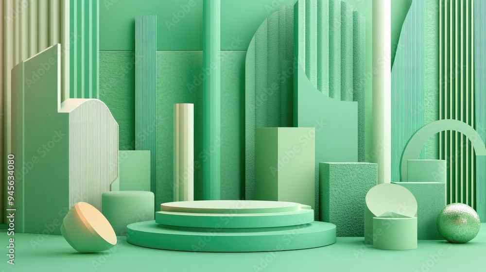 Poster abstract geometric shapes backdrop ideal for product presentation 3d rendering with a vibrant green 