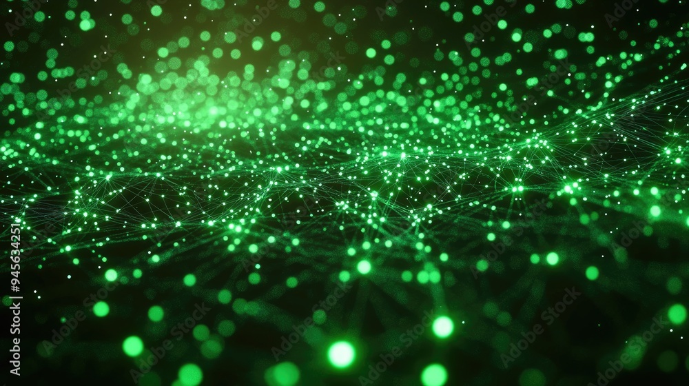 Poster abstract green technology background featuring connected particles and plexus lines illuminated by s