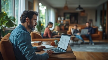 Obraz premium remote working. photo of a remote worker in a s. Remote working. a remote work setup in a small, cozy corner of a living room, with plants and a cup o
