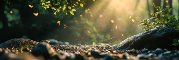 Fototapeta premium A serene forest scene with sunlight filtering through leaves, illuminating floating particles.