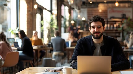 Fototapeta premium remote working. photo of a remote worker in a s. Remote working. a remote work setup in a small, cozy corner of a living room, with plants and a cup o