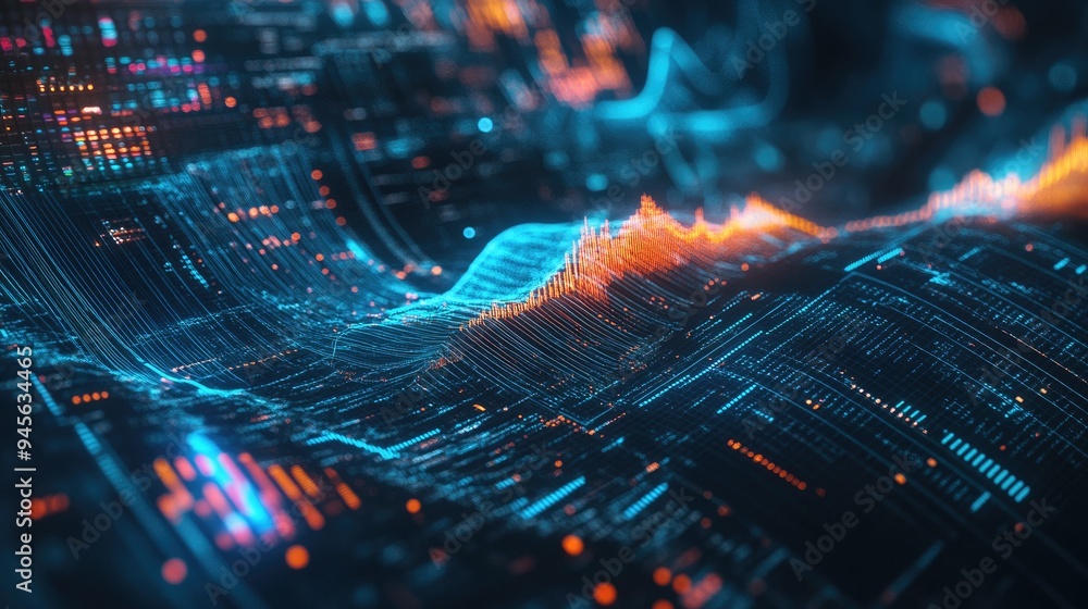 Poster data set analysis and visualization showcasing abstract business analytics featuring waves of inform