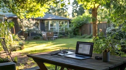 remote working. photo of an outdoor remote work. Remote working. an outdoor remote work setup with a laptop on a picnic table in a suburban backyard.