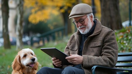 Remote working. an older man working on a tablet in a park, sitting on a bench with his dog beside hi