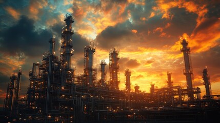 Fototapeta premium Industrial Refinery at Sunset with Dramatic Sky and Vibrant Colors