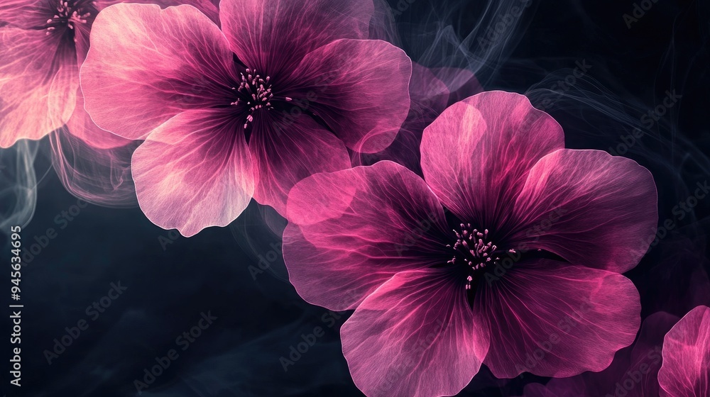 Poster abstract pink blooms on a dark backdrop with a centered frame
