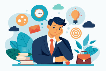 Too many thinking ideas, overwhelmed issues or busy problem to be solved, contemplation solutions for troble, concerned or anxiety concept, businessman thinking with many thinking bubbles. 
