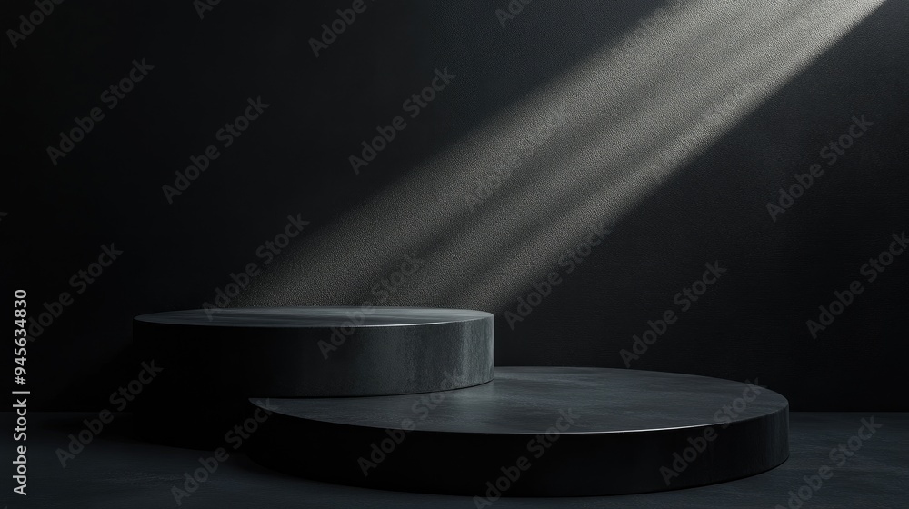 Poster black podium or pedestal on a dark background featuring a cylindrical stand concept empty product di