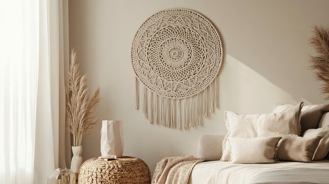 Detailed macrame art with a mandala pattern, displayed on a neutral-toned wall