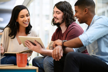 Reading, business people and tablet with team in office, planning and online research for startup. Collaboration, employees and digital with tech for information, discuss or prepare for presentation