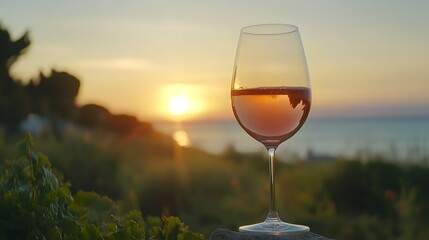 rose wine at sunset. A beautifully lit glass of ros√© wine sits elegantly against a picturesque sunset by the sea, creating a tranquil and romantic at