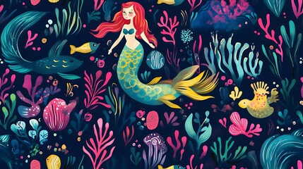 Obraz premium seamless design of magical mermaids and underwa. Seamless design of magical mermaids and underwater treasures in a bright, oceanic color scheme. A whi