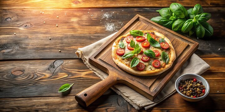 Rustic wooden pizza peel leaning against vintage chalkboard adorned with hand-drawn toppings menu, surrounded by scattered fresh basil leaves, warm golden light, cozy afternoon ambiance.