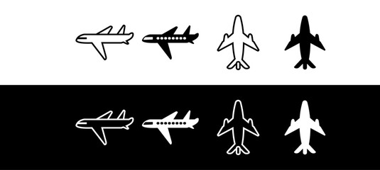 Set of Simple Line Drawings and Silhouette Airplane Icons
