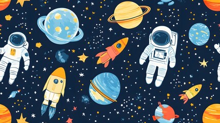 seamless pattern of astronauts planets and rock. Seamless pattern of astronauts, planets, and rockets in a colorful outer space theme for children. A 