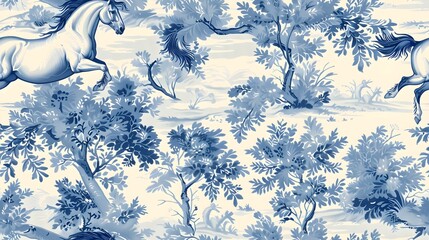 seamless tiled blue and white toile horse eques. A beautiful blue and white patterned wallpaper design featuring galloping horses amidst lush foliage 
