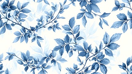 Fototapeta premium seamless tiled botanical chinese ming print. A stylish and elegant blue floral pattern featuring intricate leaves and berries against a light backgrou