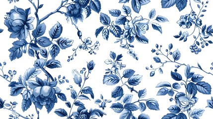 Seamless tiled botanical flower print.A beautiful blue and white floral pattern featuring various flowers and leaves, perfect for vintage or botanical
