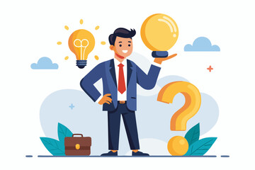 Question and answer, solving problem or business solution, ask for reply or idea to solve difficulty and trouble, FAQ concept, businessman hand holding question mark with other reply with lightbulb
