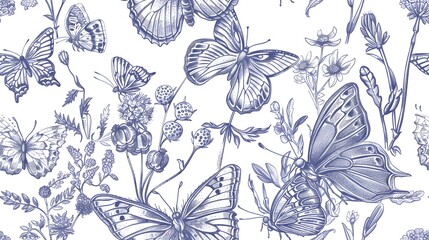 Fototapeta premium seamless tiled botanical toile print. A beautifully detailed botanical illustration featuring various butterfly species among delicate flowers and fol
