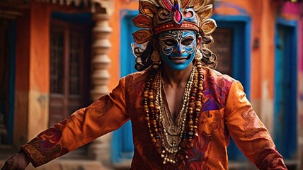 Obraz premium Indian Mythological Mask, Indian Mythology, A man with Indian mythological mask dancing with Indian traditional attire