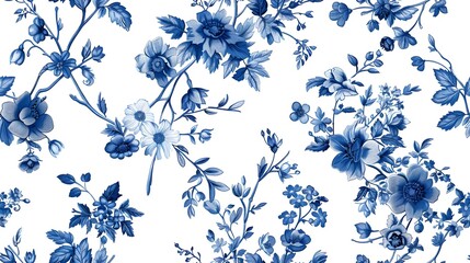 Obraz premium seamless tiled botanical toile print. A beautifully detailed floral pattern in blue tones on a crisp white background, perfect for home decor and text