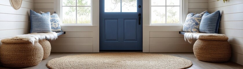 Cozy Entryway with Blue Door and Woven Decor in a Modern Farmhouse Style