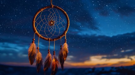 Macrame dreamcatcher with feathers, set against a night sky with twinkling stars