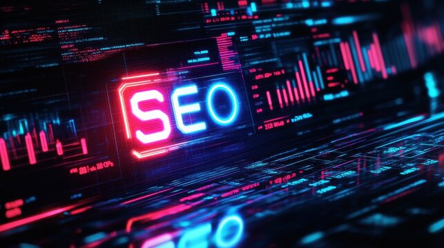 Vibrant digital interface showcasing SEO concepts with neon elements, perfect for marketing and technology themes.