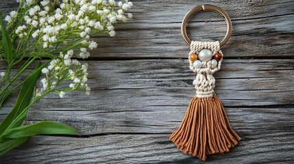Macrame keychain with beads and tassels, photographed on a rustic wooden surface