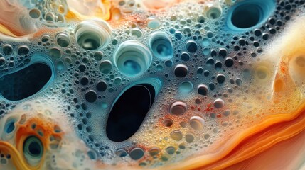 Abstract Colorful Fluid Art with Bubbles and Swirls in Blue, Orange, and Yellow Tones