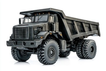 A detailed model of a black dump truck showcasing its design and functionality.