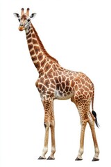 Fototapeta premium A giraffe stands on a white background, facing the camera with its long neck outstretched.
