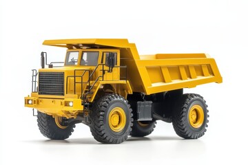 A detailed model of a yellow dump truck designed for construction and transportation tasks.