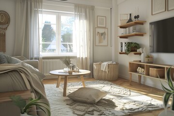 Modern living room interior Scandinavian interior design living room 3d render with beige and brown colored furniture and wooden elements