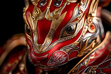 Obraz premium A beautifully detailed close-up of a red and gold decorative rabbit showcasing intricate craftsmanship and vibrant colors.
