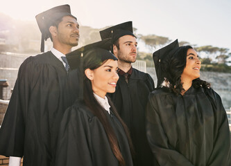 Happy people, students and graduation with dream for future, achievement or milestone together at...