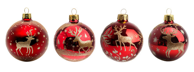 red Christmas ball collection with Santa's reindeer decor isolated on a transparent background, Christmas baubles cut-out PNG, ornament