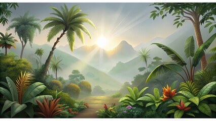 Obraz premium Lush Tropical Jungle Landscape with Sun Rays and Mountains