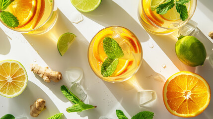 Aesthetic homemade immunity boosting drink with ginger, citrus and mint leaves. Organic detox concept. Generative AI