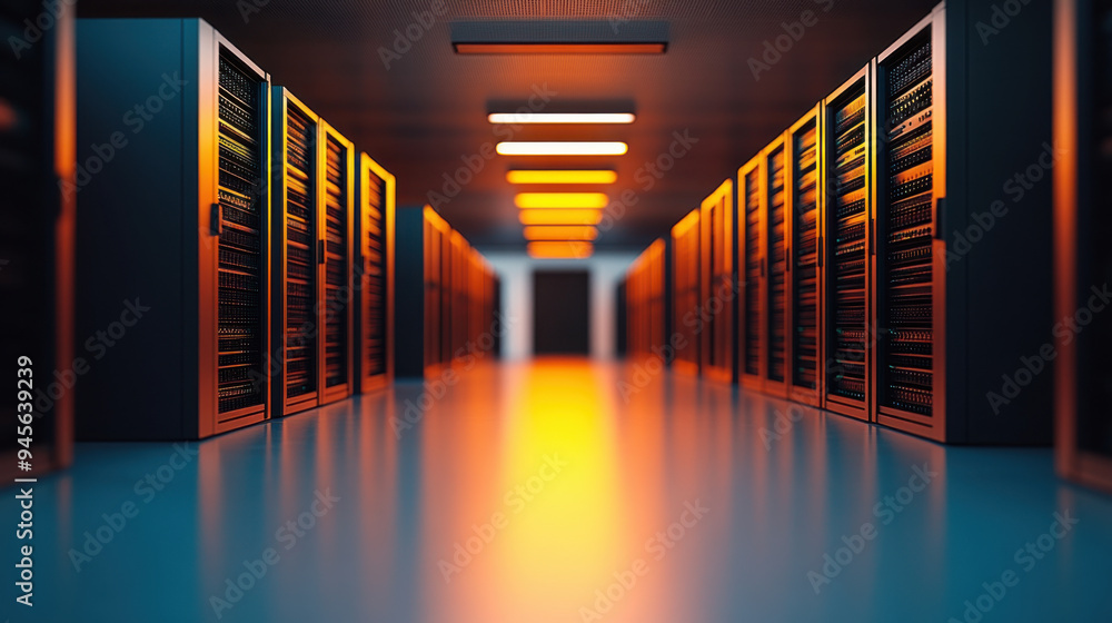 Poster a modern data center hallway featuring illuminated server racks, offering a symmetrical perspective 