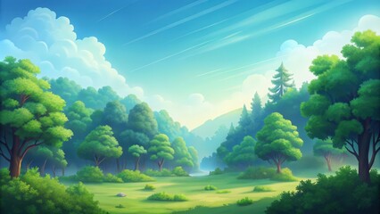 Obraz premium Lush Green Forest with Blue Sky and White Clouds