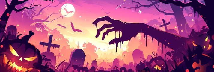Creepy dirty zombie hand rising on night evil cemetery. Monster rising from the grave. Flat cartoon style. Trick or Treat. Holiday Halloween concept. Illustration for banner or poster with copy space