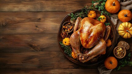 top view: delicious baked thanksgiving turkey on wooden table with space for text