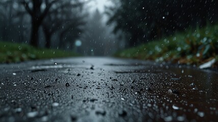 raindrops on a wet road in the rain