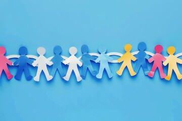 Chain Of People Made of Paper on Blue Background: Unity and Strength Concept Chain of people made of paper on blue background. Horizontal composition with copy space. Unity and strength concept.