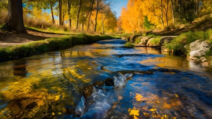 River in autumn forest, nature landscape outdoor photo, sunny day stream